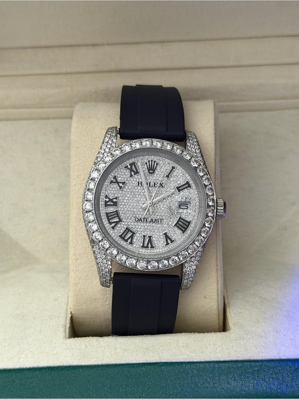 Rolex Datejust Silver Diamond Watch with Black Strap